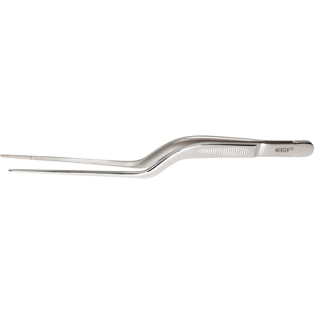 Mercer Culinary M35136 6.5-inch stainless steel offset precision plating tong with ultra-fine tips and micro-serrated exterior