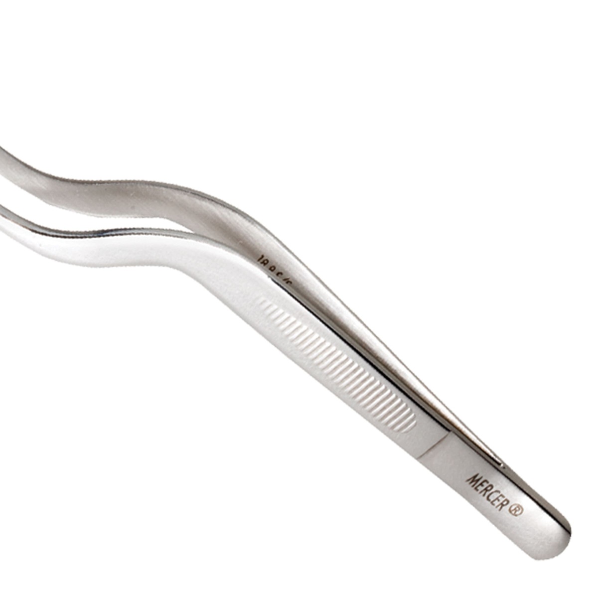 Close-up of the Mercer Culinary M35137 tong handle showing ribbed grip texture and Mercer branding