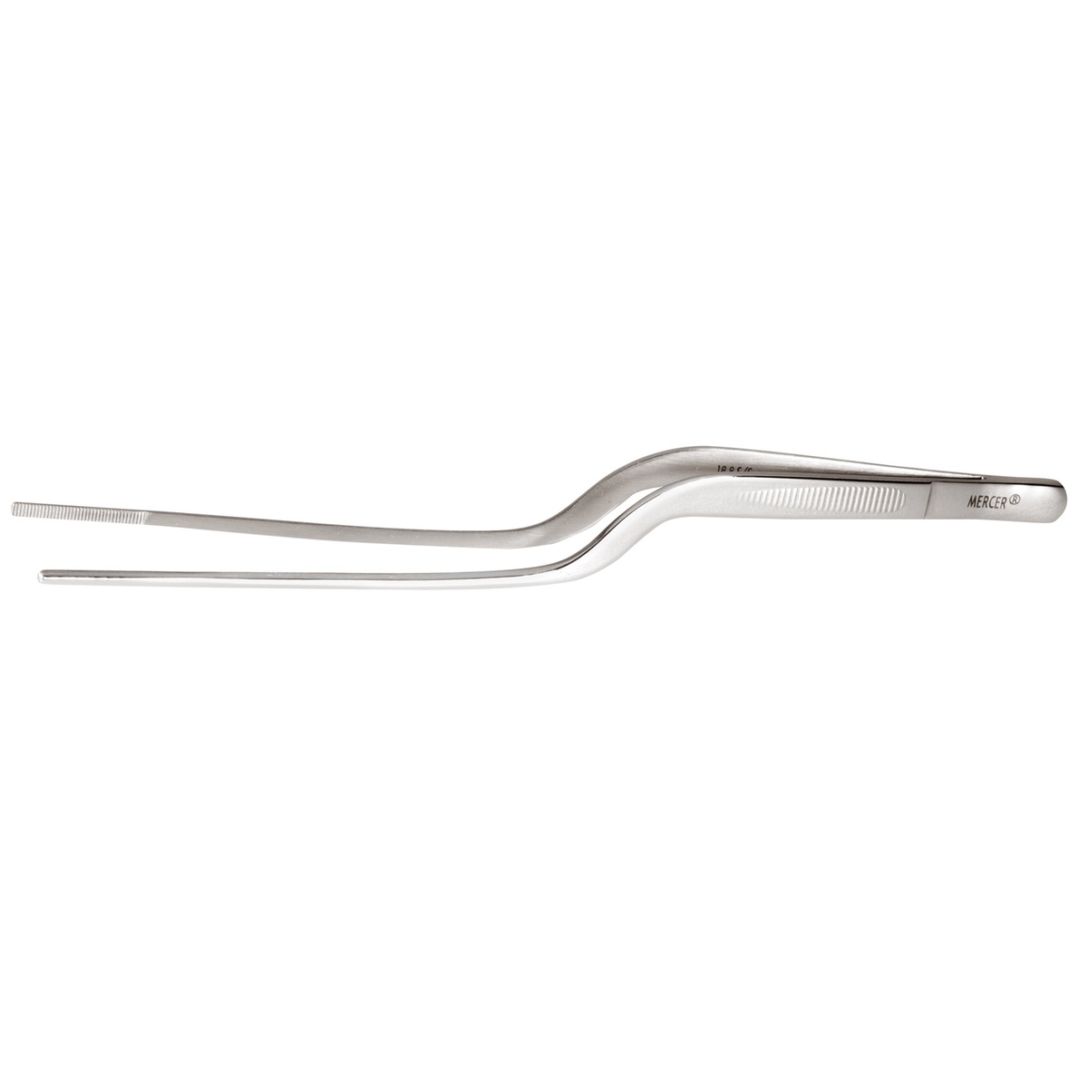 Mercer Culinary M35137 precision tongs shown from the side highlighting the curved offset profile and fine tips