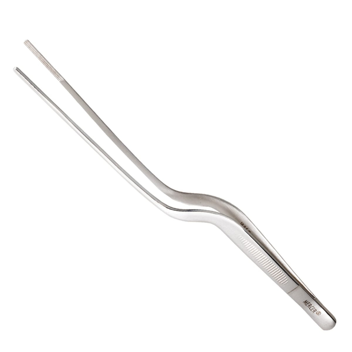 Mercer Culinary M35137 double offset precision tongs in stainless steel, diagonal view showing full length