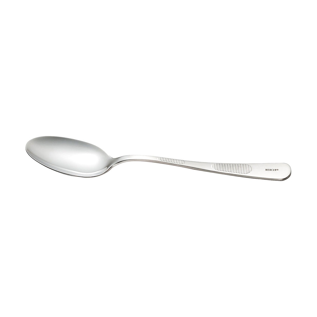 Mercer M35138 9-inch stainless steel plating spoon with deep well mirror-finish bowl and satin finish handle with dual micro-serrations
