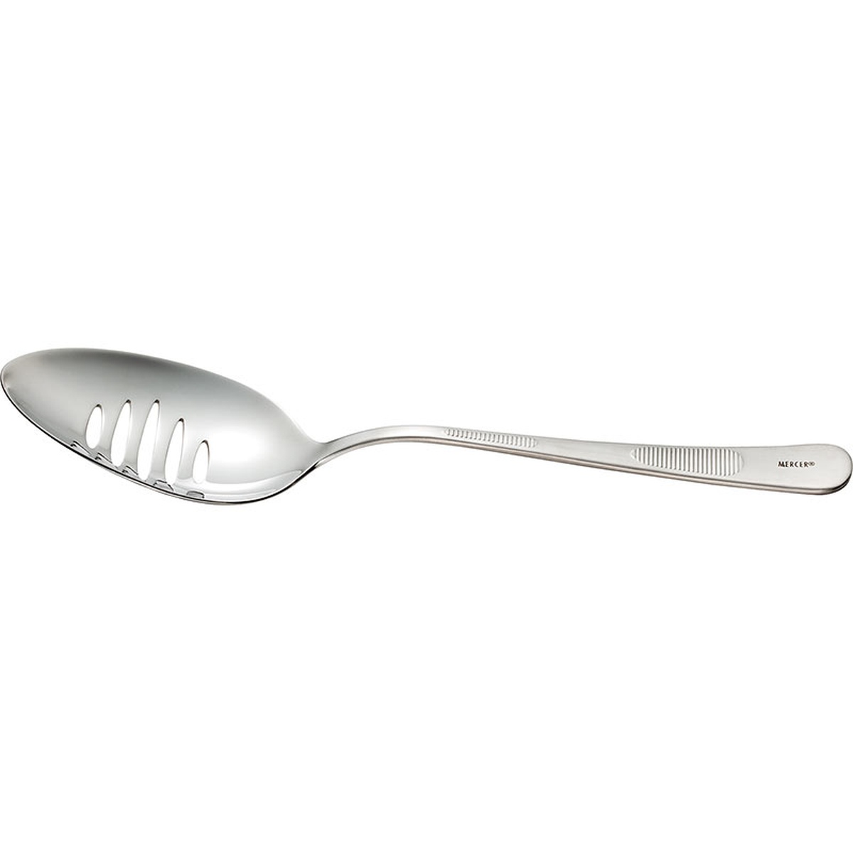 Mercer Culinary M35139 9-inch stainless steel slotted bowl plating spoon with dual micro-serrated handle