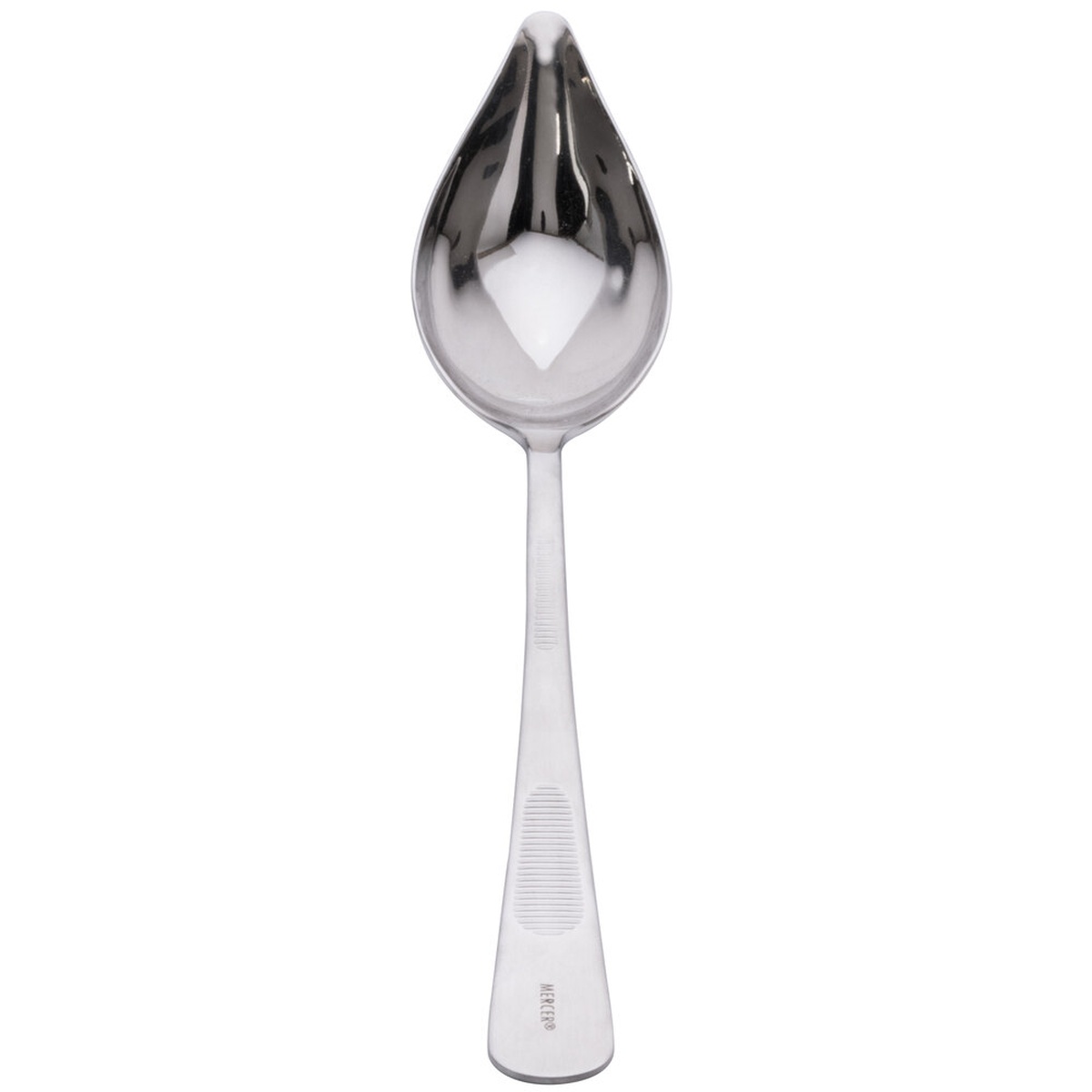 Top view of Mercer Culinary saucier spoon showing the tapered spout and serrated handle
