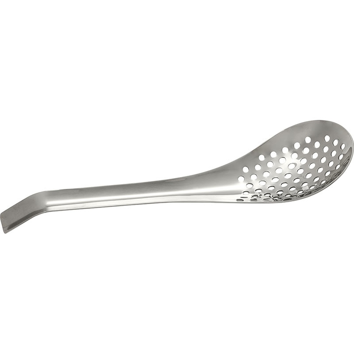 Mercer Culinary M35162 Spherification Spoon full side view showing perforated bowl and curved handle
