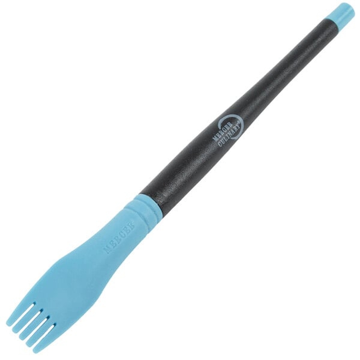 Mercer Culinary M35602 blue silicone comb plating brush angled view showing tapered nylon handle and comb tip