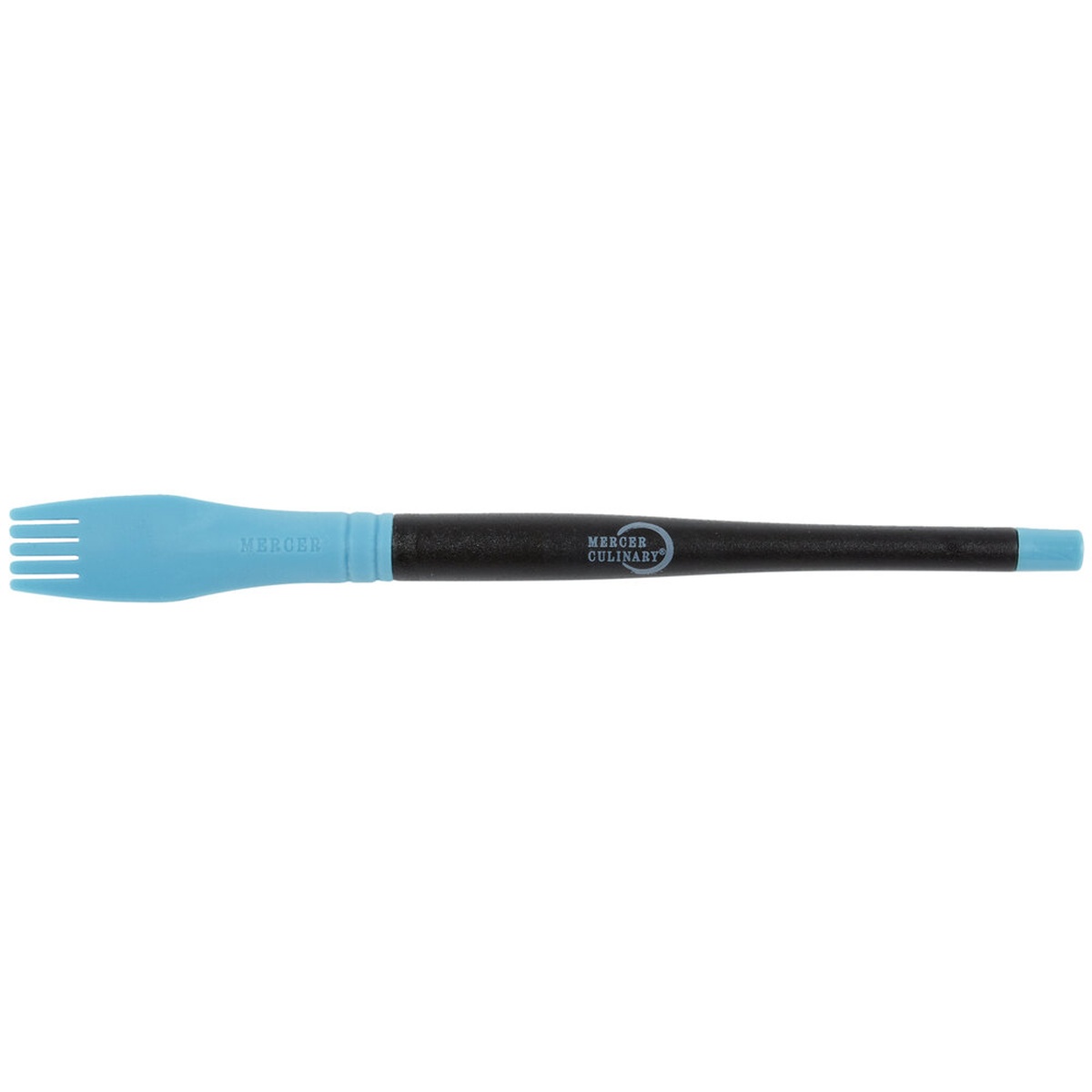 Mercer Culinary M35602 blue silicone comb brush plating tool full side view showing comb head and black nylon handle