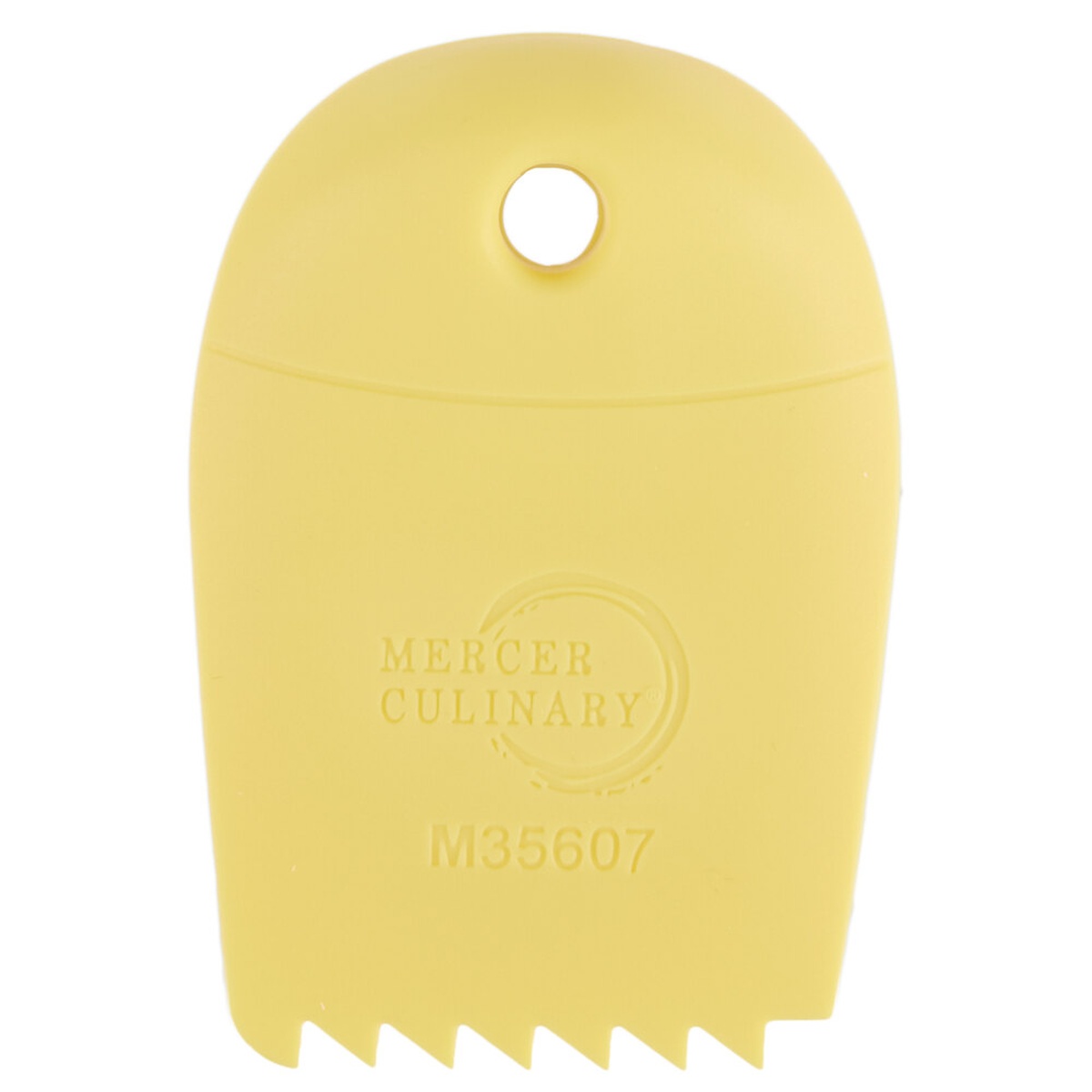 Mercer Culinary M35607 yellow silicone saw tooth wedge plating tool, front view showing serrated edge and hanging hole