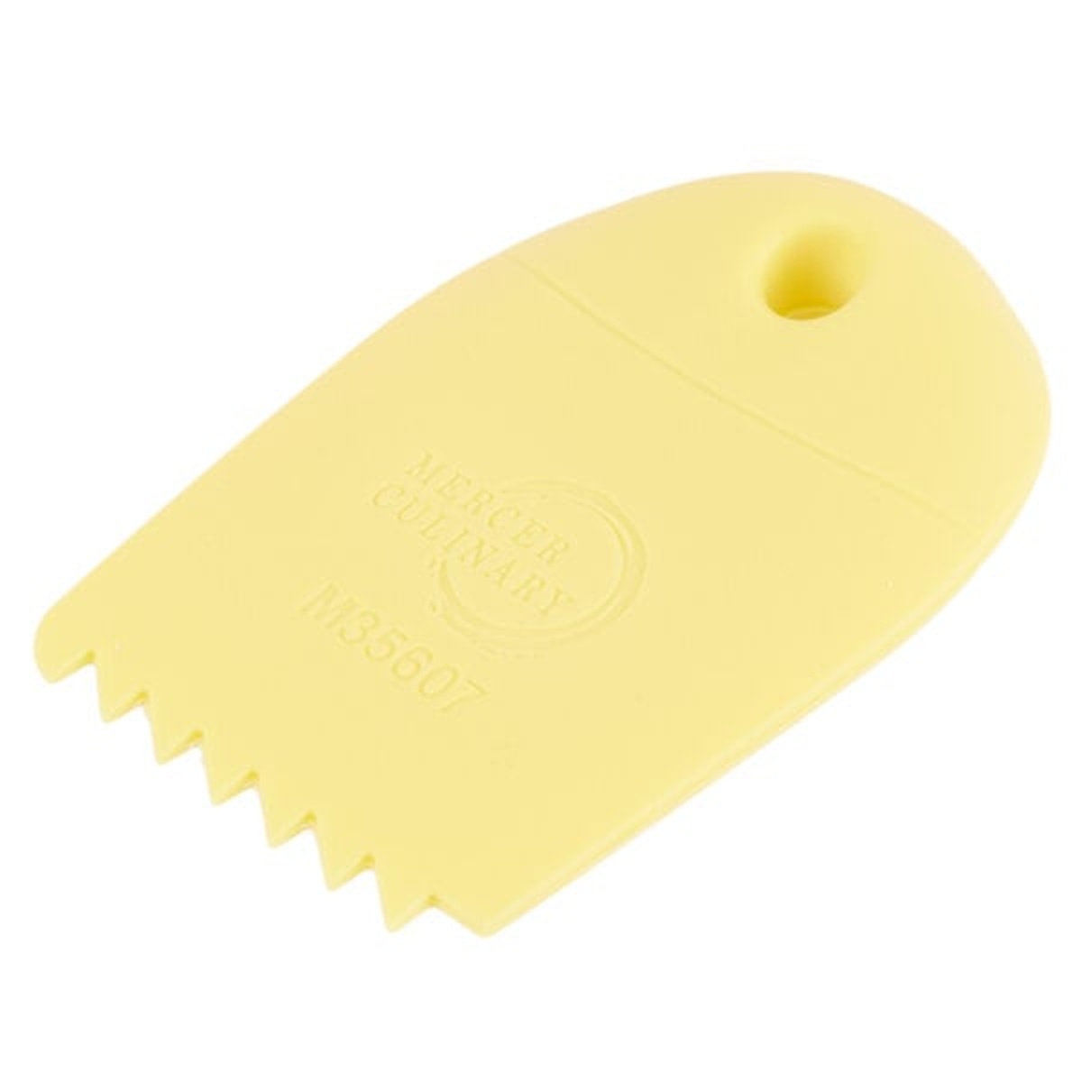 Mercer Culinary M35607 yellow silicone saw tooth wedge plating tool, angled view showing compact profile and serrated tip