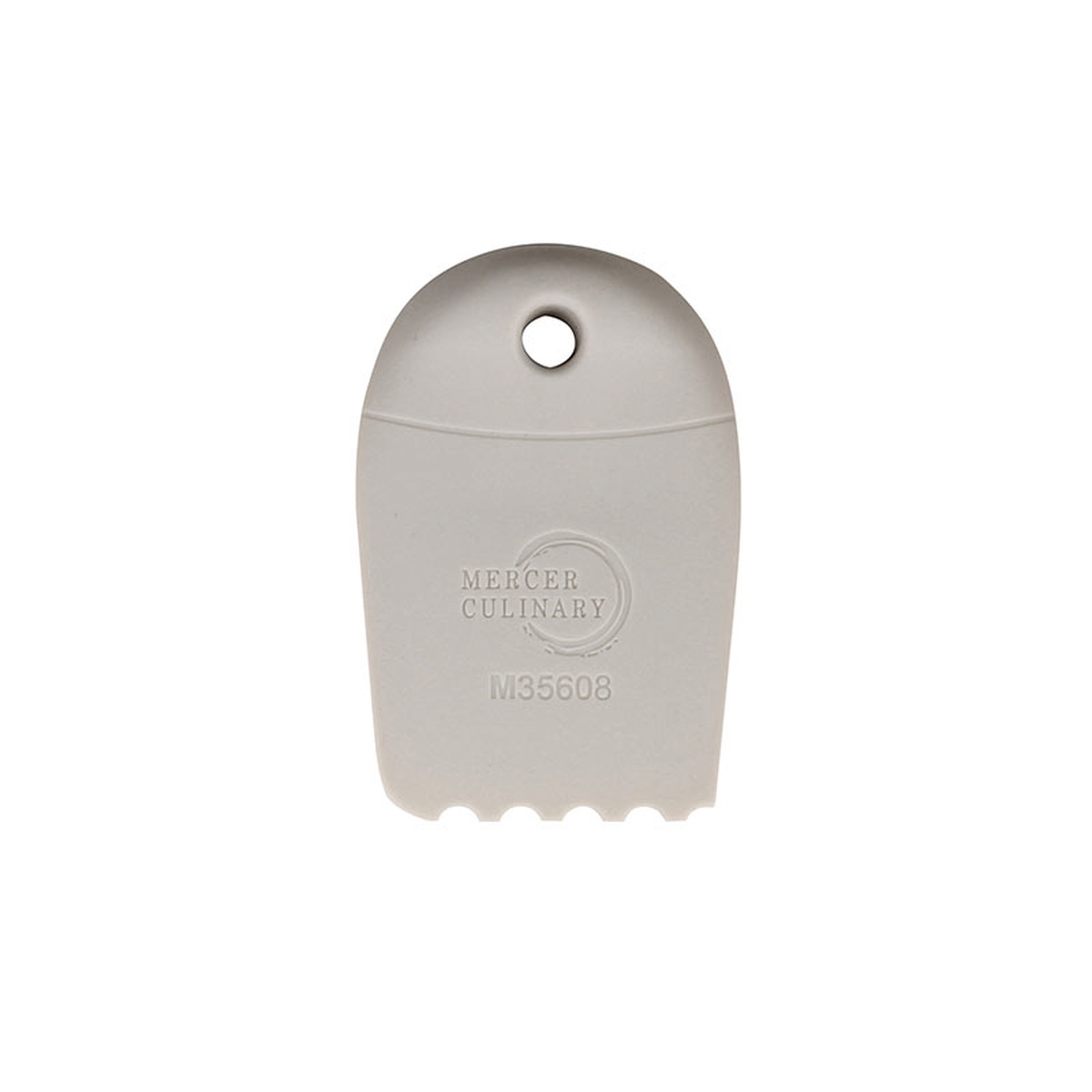 Mercer Culinary M35608 gray silicone plating wedge with 5mm round arch tip, hanging hole, and scalloped edge