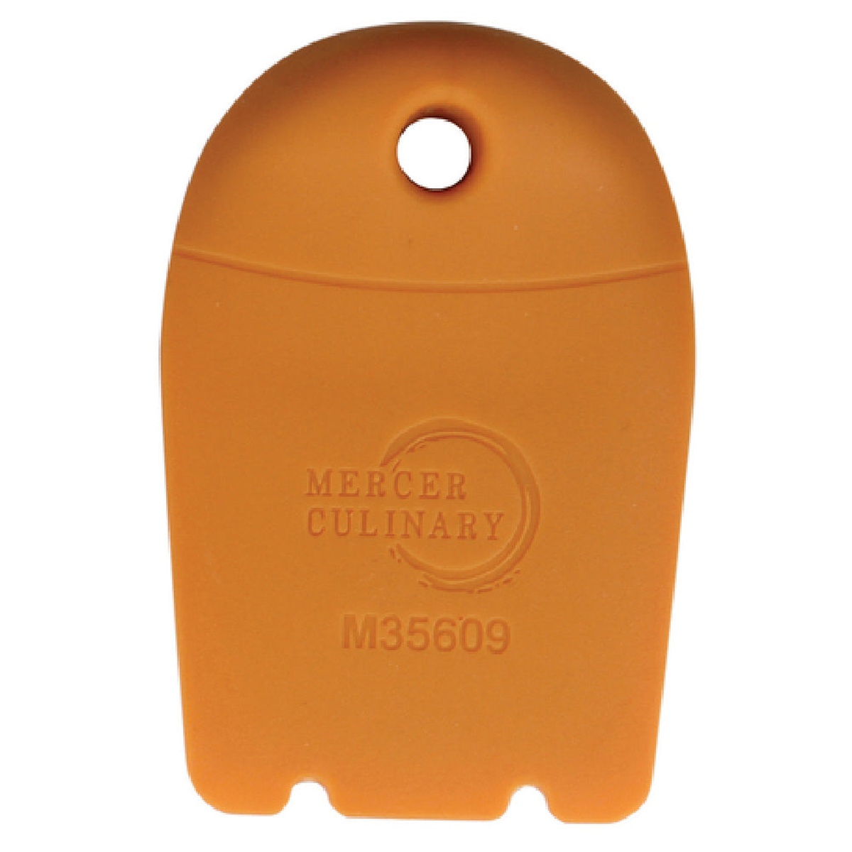 Mercer Culinary M35609 orange silicone plating wedge showing horseshoe arch hanging hole and tapered wedge tip