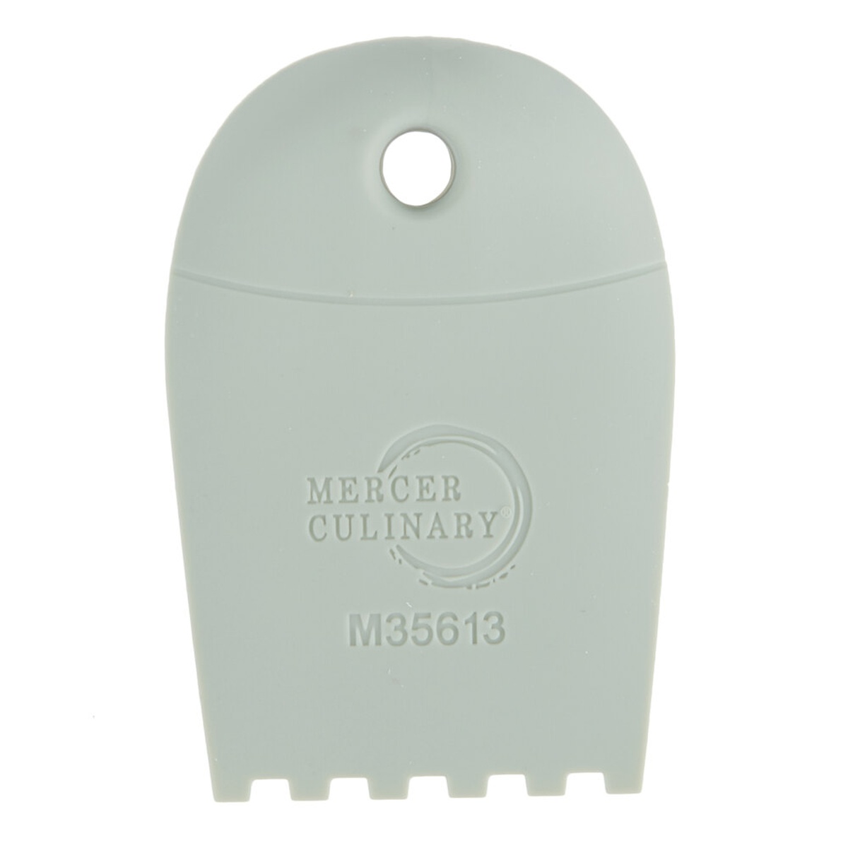 Mercer Culinary M35613 gray silicone wedge plating tool, front view showing square notch edge and recessed thumb rest