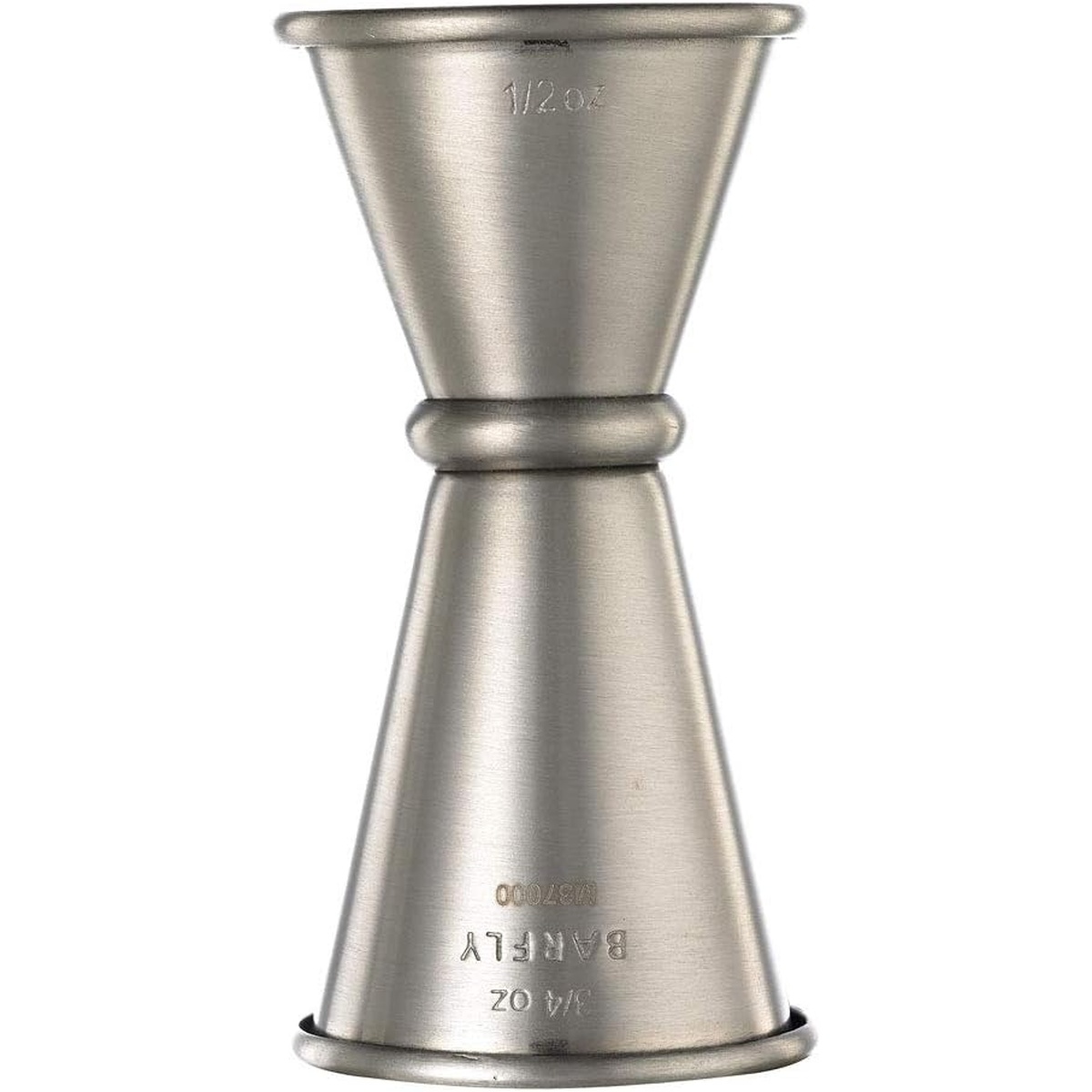 Barfly M37000 jigger inverted showing 3/4 oz BARFLY branding on the lower cup