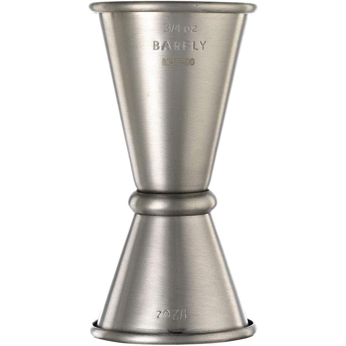 Barfly M37000 jigger showing embossed 3/4 oz and 1/2 oz capacity markings on exterior