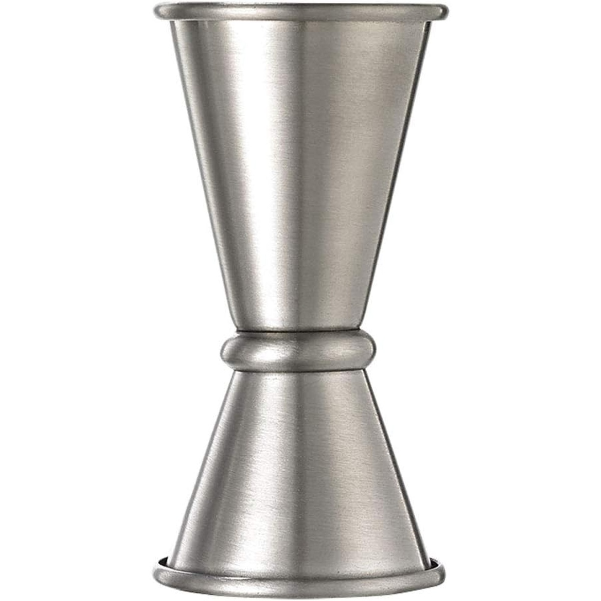 Barfly M37000 stainless steel Japanese style jigger, front view showing hourglass profile