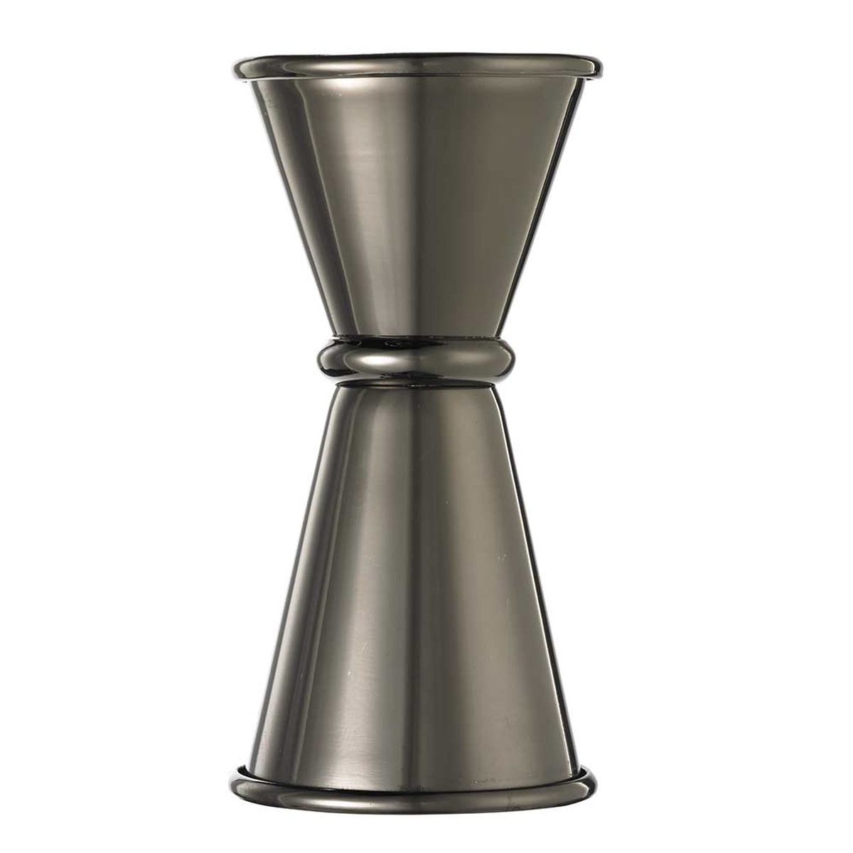 Barfly M37000BK Gun Metal Black Japanese Style Jigger showing rolled top edge and polished exterior