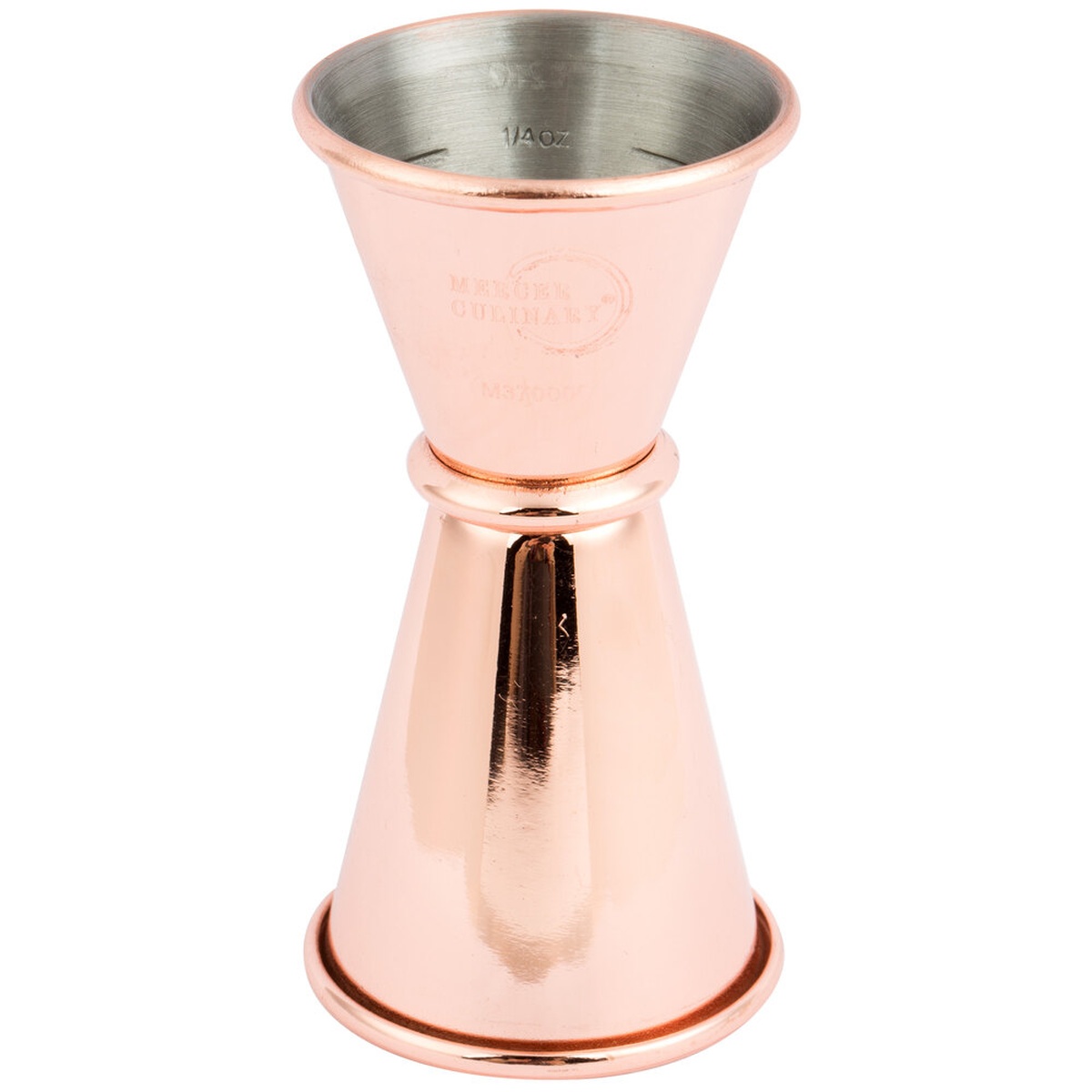 Mercer Culinary Barfly M37000CP copper-plated Japanese style jigger, full view showing dual-cone shape and Mercer Culinary branding