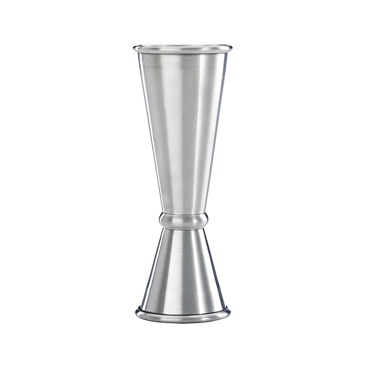 Barfly Japanese Style Jigger full product view showing dual-sided hourglass shape with rolled edges