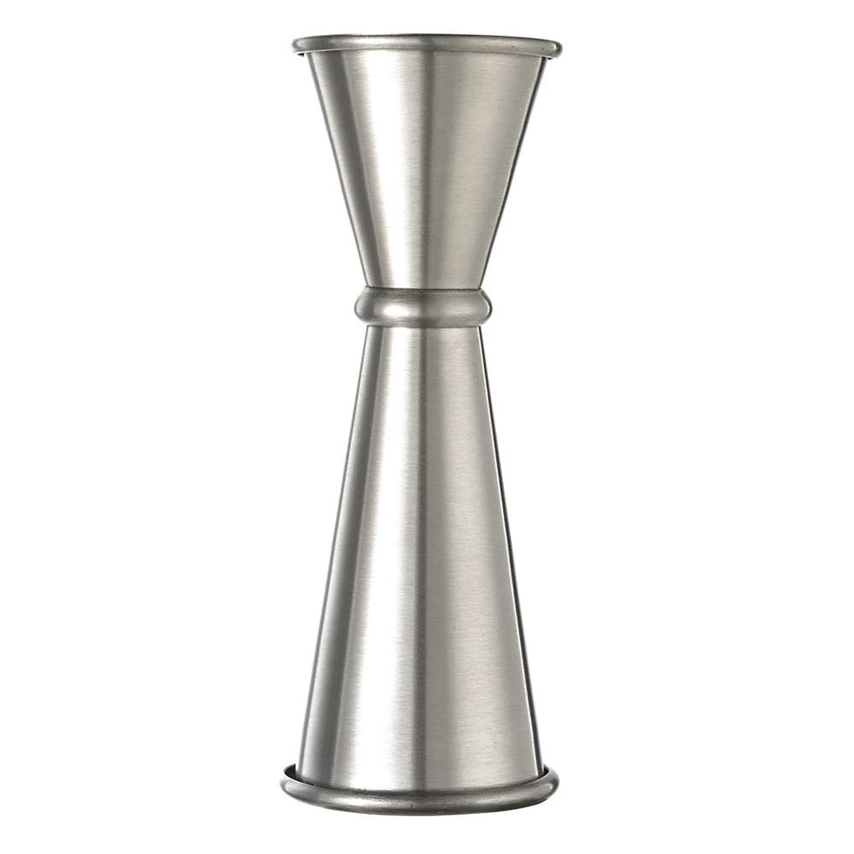 Barfly Japanese Style Jigger side profile highlighting elongated hourglass form and satin brushed finish