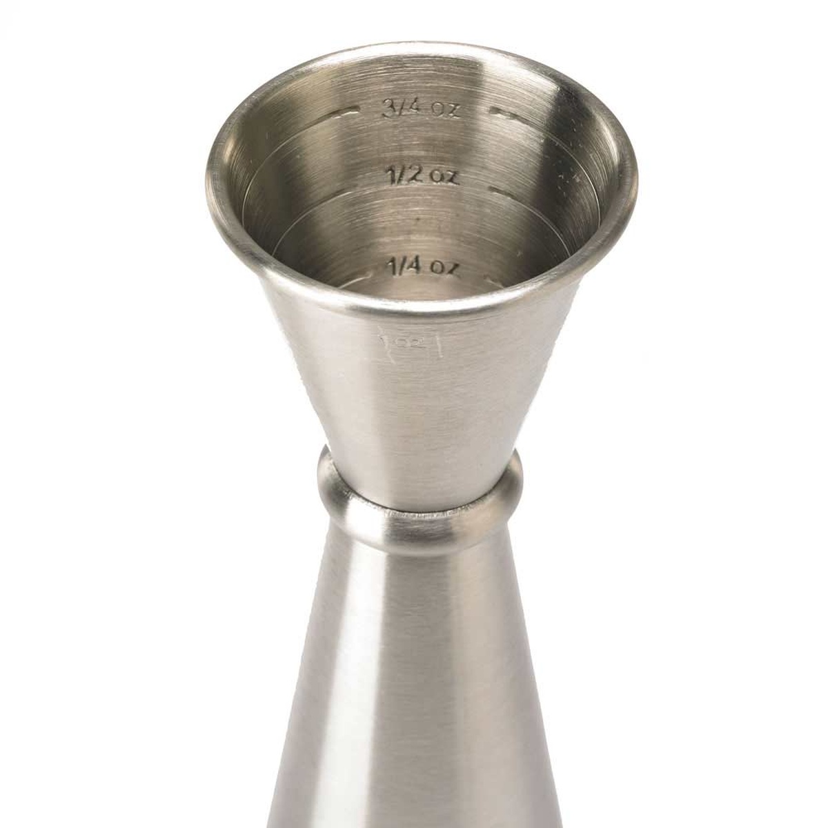 Close-up of Barfly jigger interior showing embossed measurement markings at 1/4, 1/2, and 3/4 oz increments