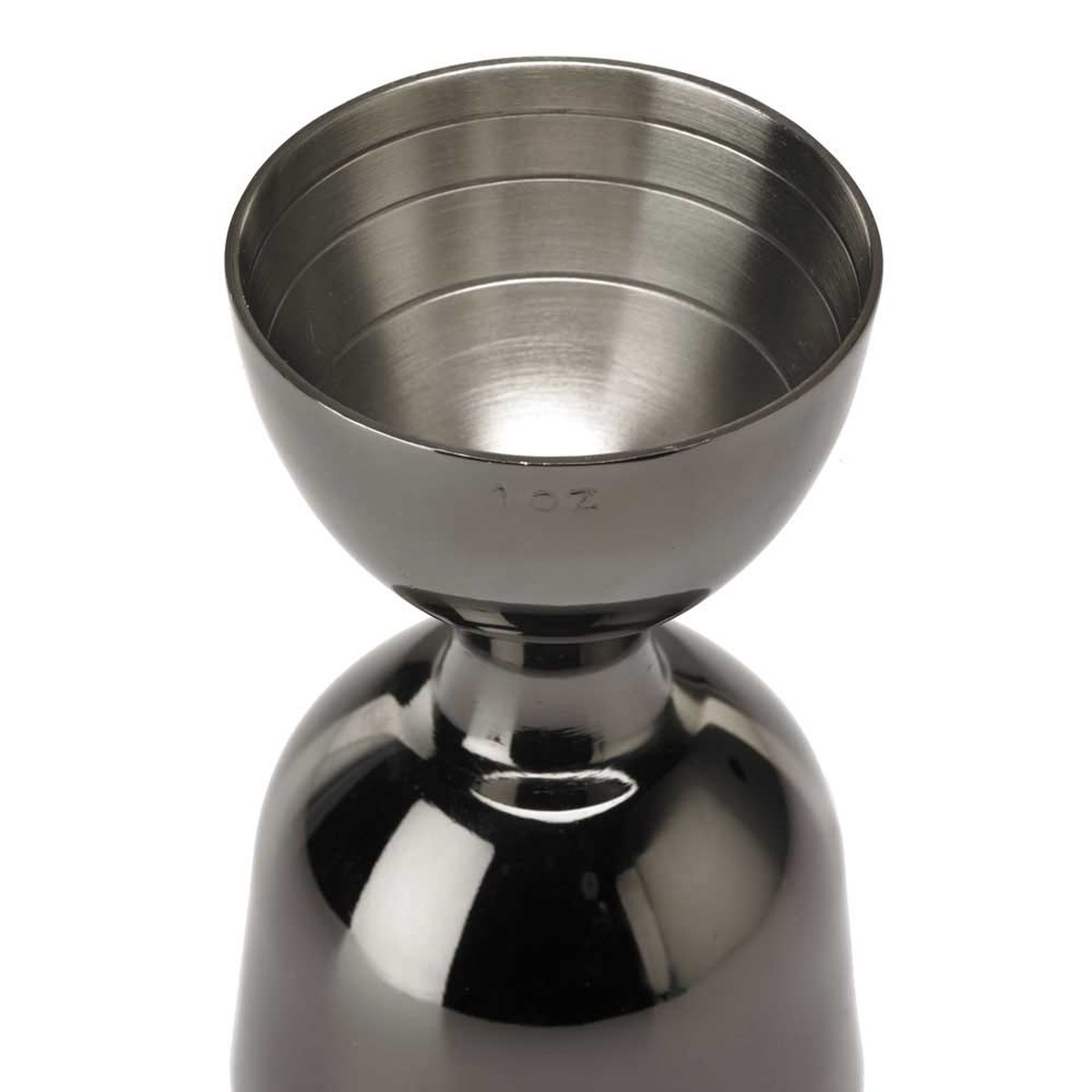 Close-up interior view of the bell jigger showing internal measurement lines and 1 oz external marking
