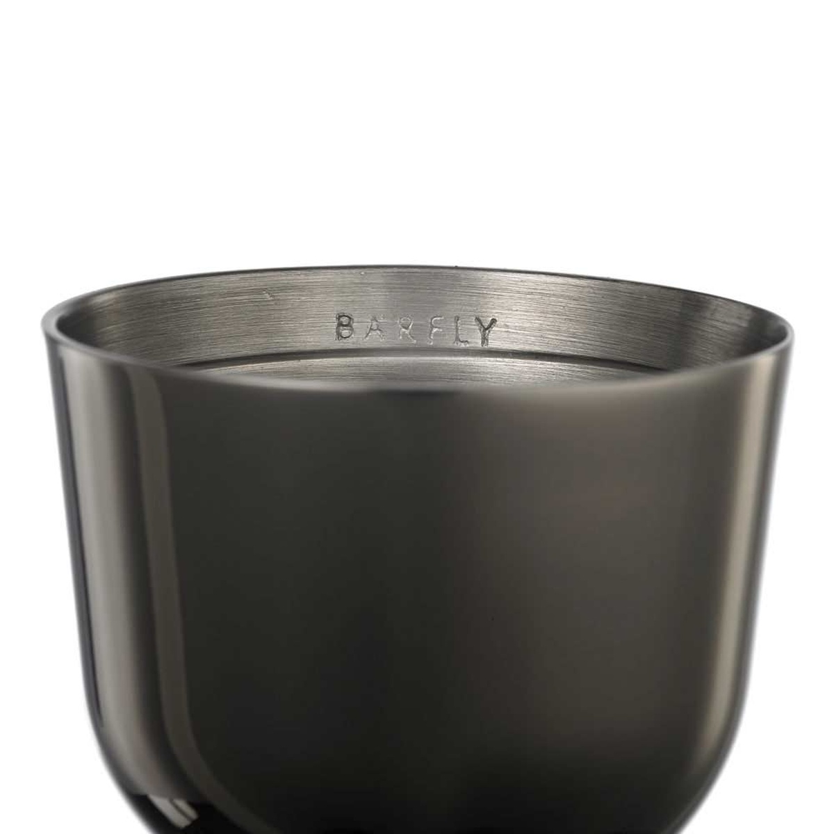 Close-up detail of Barfly brand stamp on the interior rim of the gun metal black jigger