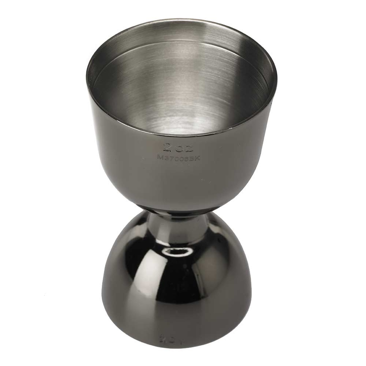 Barfly M37006BK bell jigger showing external 2 oz capacity marking and model number on the exterior