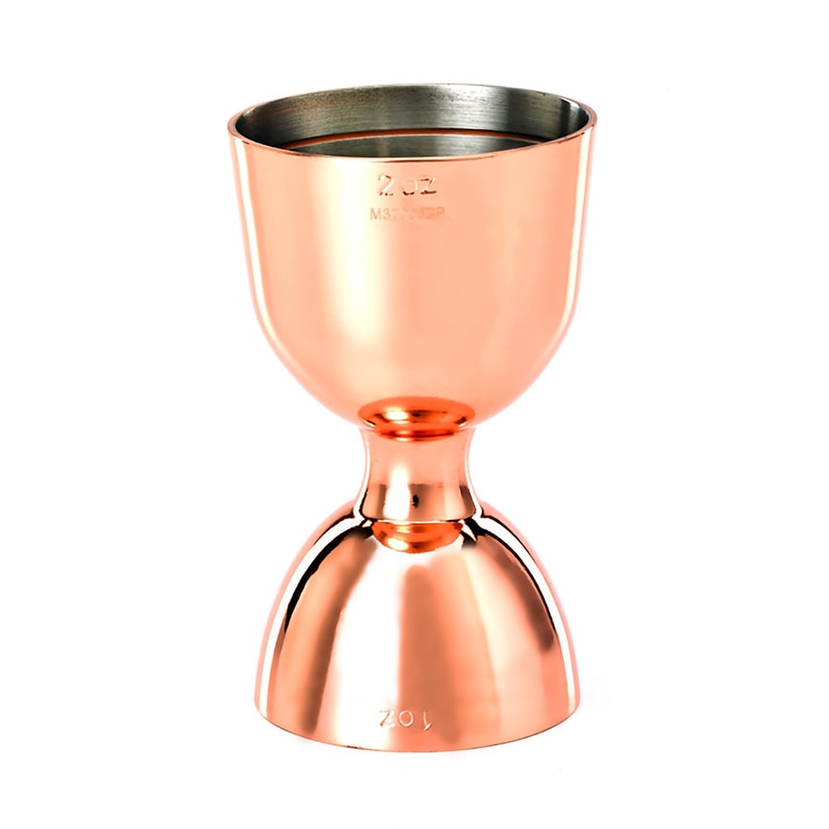 Mercer Culinary Barfly copper-plated dual-sided bell jigger showing 1 oz and 2 oz measurement markings