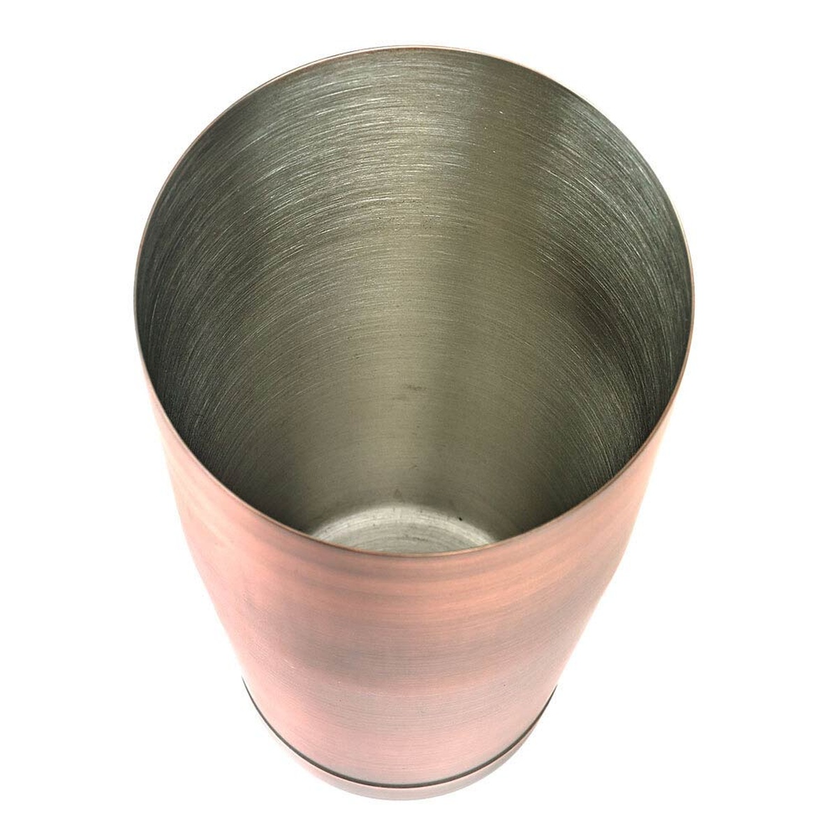 Top-down interior view of the Barfly antique copper shaker tin revealing the satin stainless steel interior finish