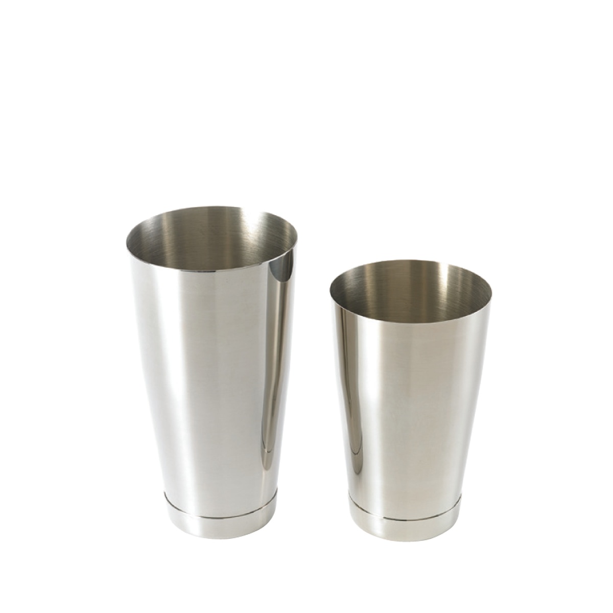 Barfly 28 oz and 18 oz stainless steel cocktail shaker tins shown side by side on white background