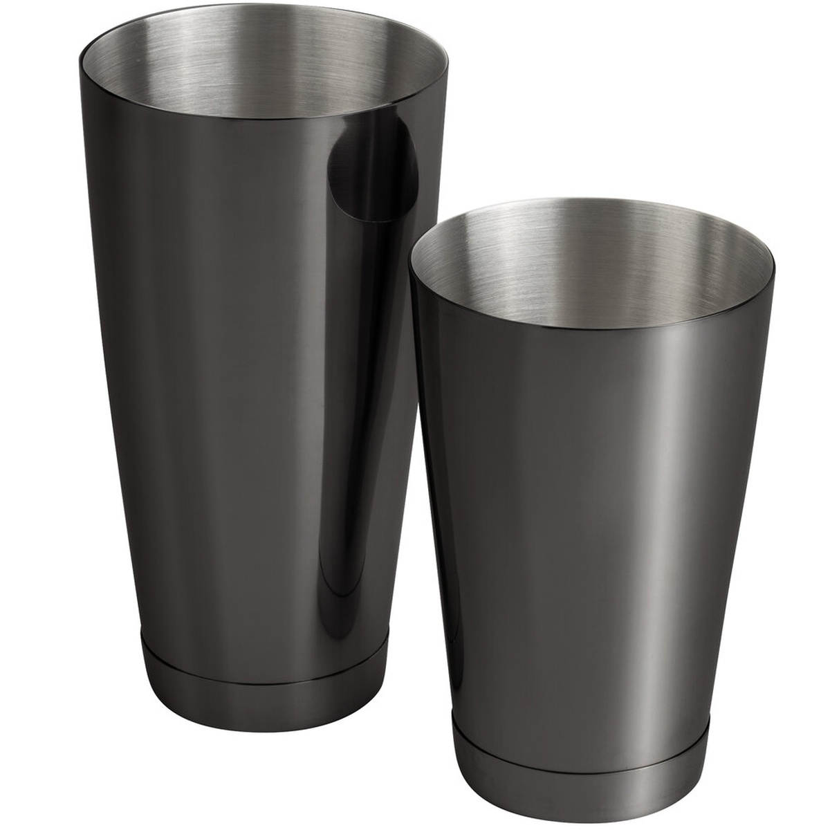 Mercer Culinary Barfly M37009BK gun metal black 2-piece Boston cocktail shaker set showing 28 oz large and 18 oz small tins