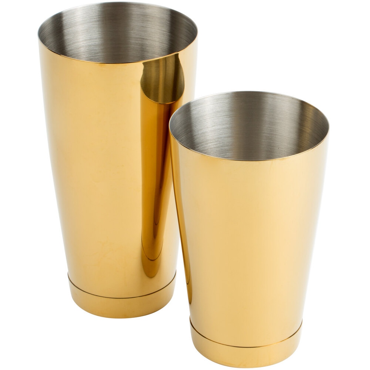Barfly M37009GD two-piece gold-plated Boston cocktail shaker set showing 28 oz and 18 oz tins with brushed stainless interiors