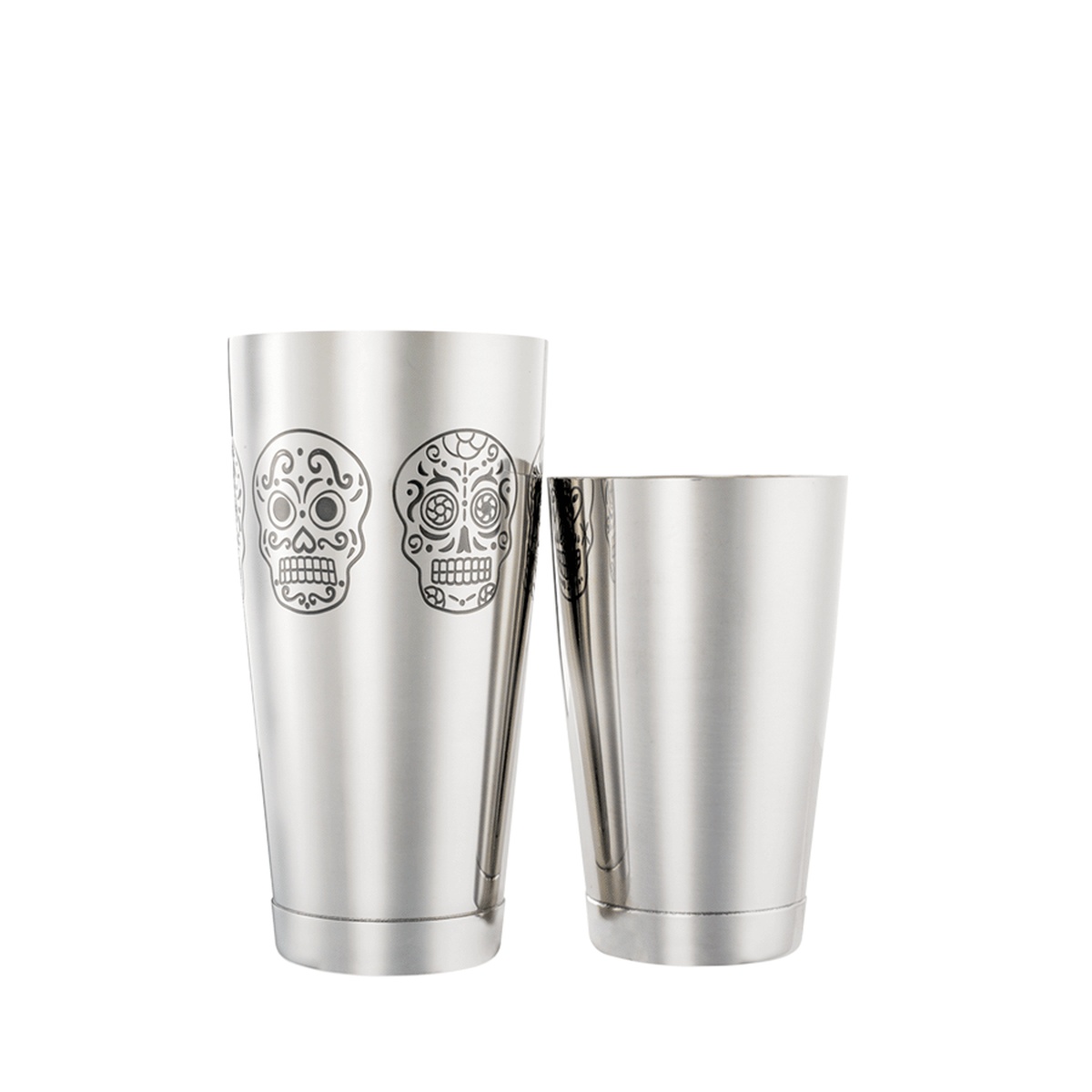 Barfly 28 oz and 18 oz stainless steel skull cocktail shaker set separated on white background
