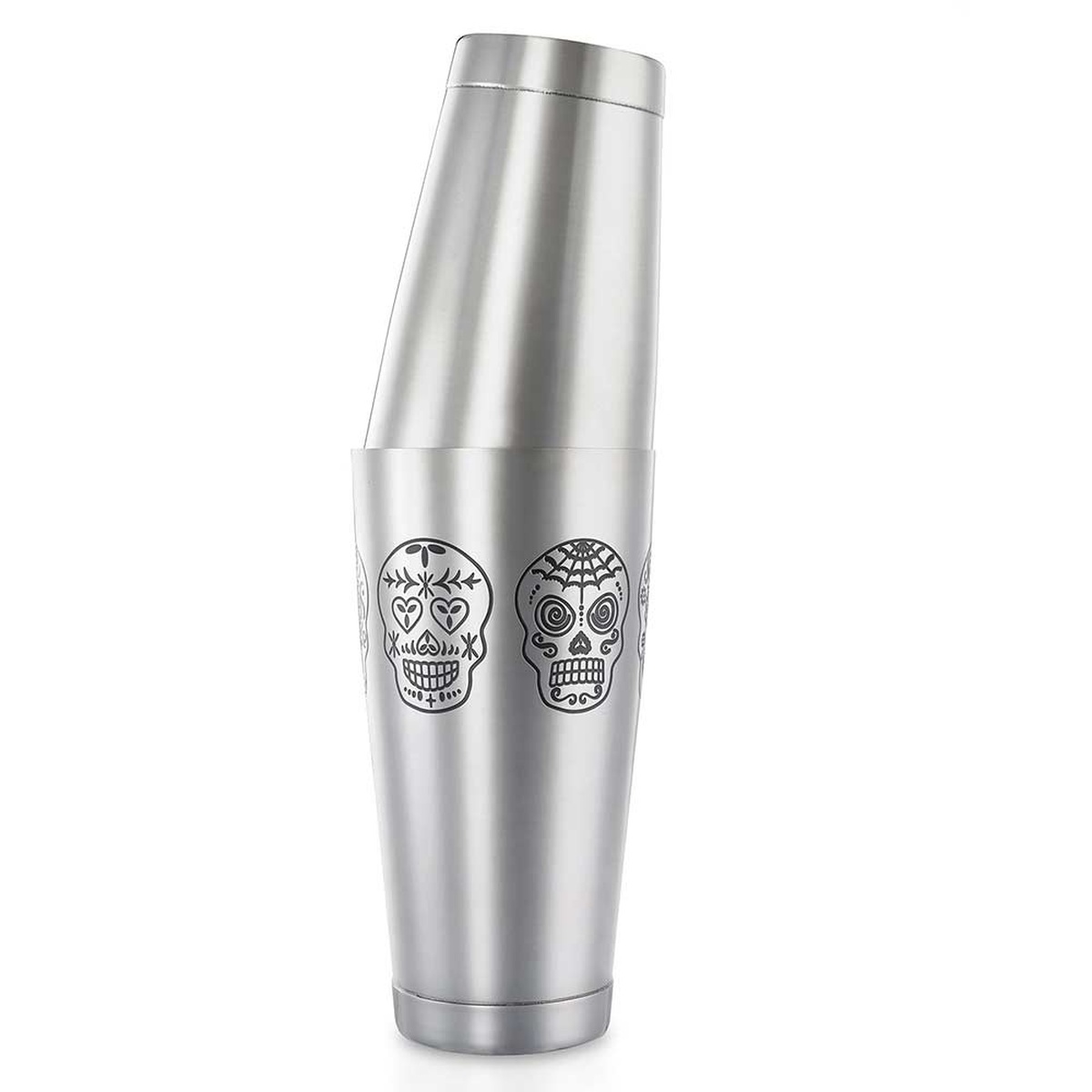 Barfly skull cocktail shaker set with 28 oz and 18 oz tins nested together showing sugar skull etchings