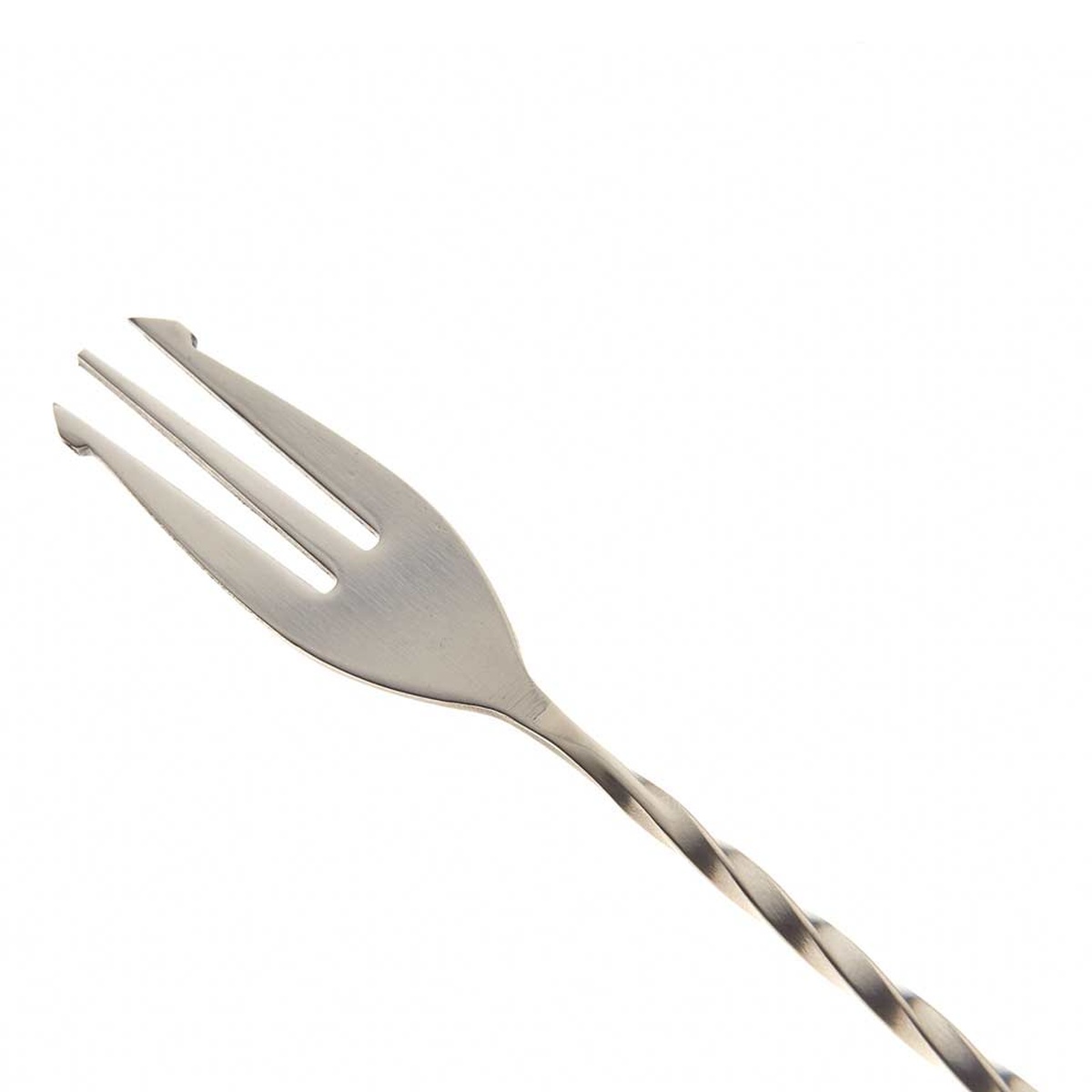 Close-up detail of the three-tine stainless steel fork end and twisted handle of the Barfly bar spoon