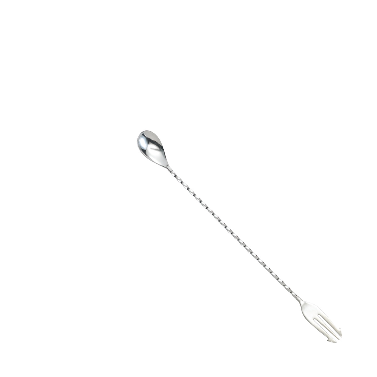 Barfly M37015 stainless steel bar spoon with fork end, full length view showing twisted handle