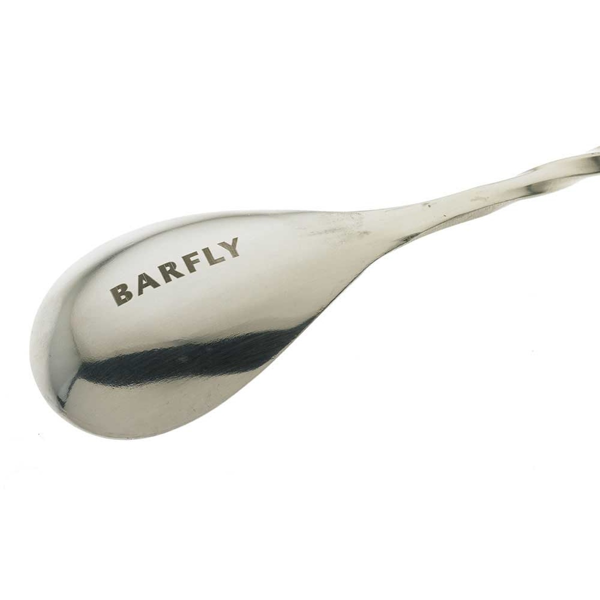 Close-up of the polished stainless steel spoon bowl end of the Barfly M37015 bar spoon