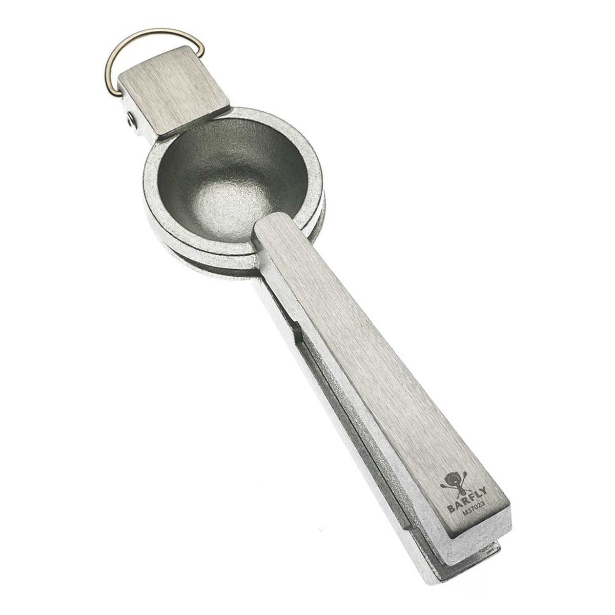 Barfly M37023 cast aluminum juicer top-view showing bowl, hanging loop, and engraved Barfly logo on white background