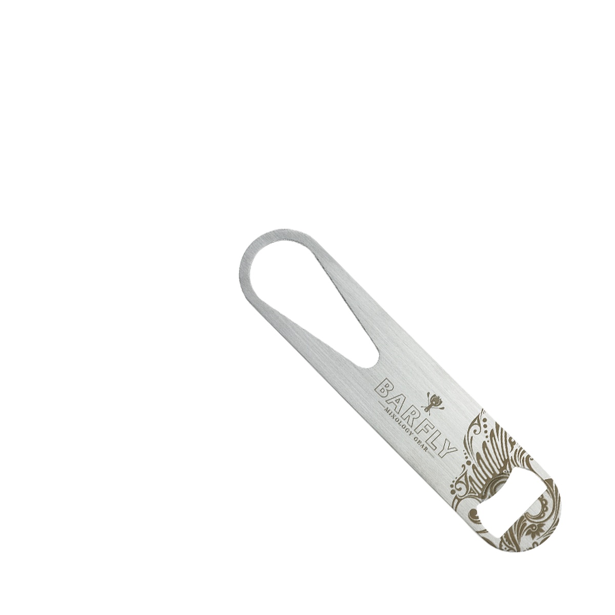 Barfly stainless steel bottle opener showing etched Barfly branding and opener end