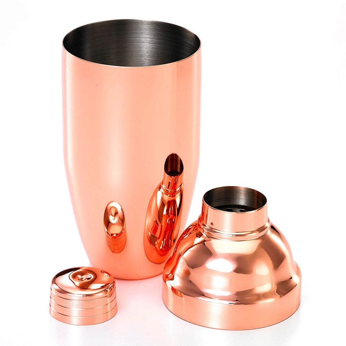 Barfly M37039CP 3-piece Japanese cocktail shaker disassembled showing body, strainer collar, and dimpled cap