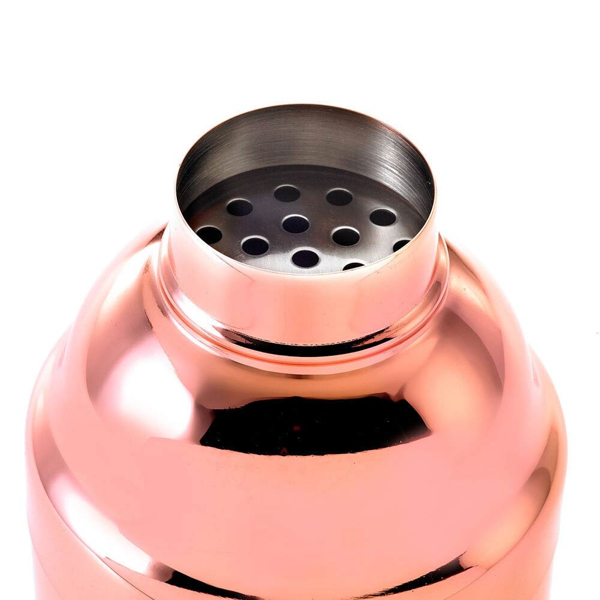 Close-up of the integrated strainer on the Barfly M37039CP copper-plated cocktail shaker