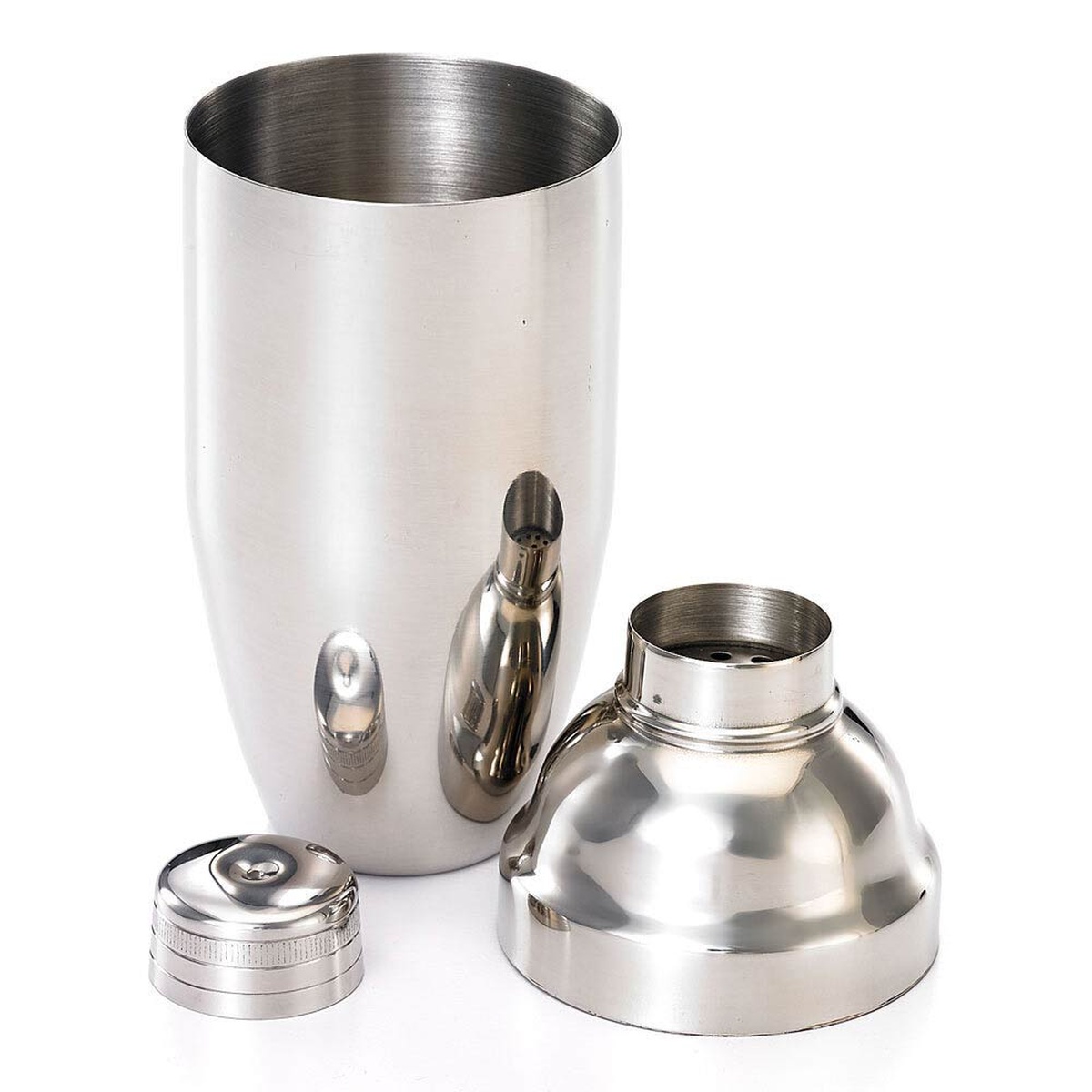 Barfly Japanese cocktail shaker disassembled into three pieces showing shaker body, strainer top, and dimpled cap