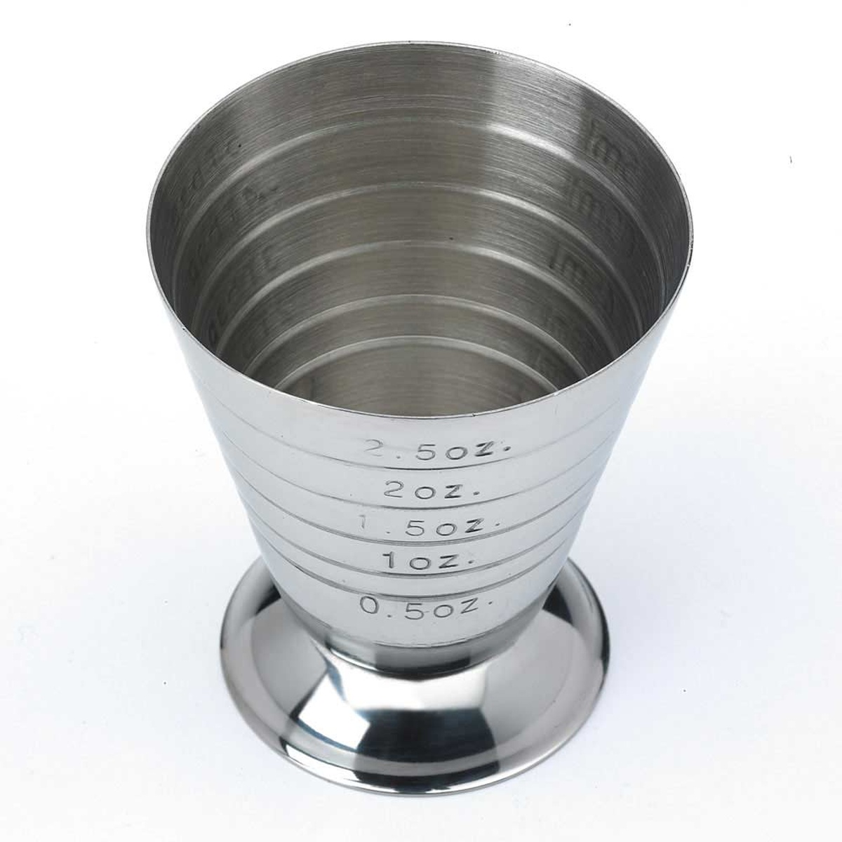 Angled overhead view of Barfly measuring cup interior showing scored internal marking lines and ounce graduations
