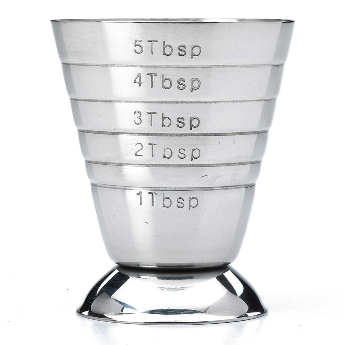 Barfly bar measuring cup showing tablespoon markings from 1 Tbsp to 5 Tbsp on exterior
