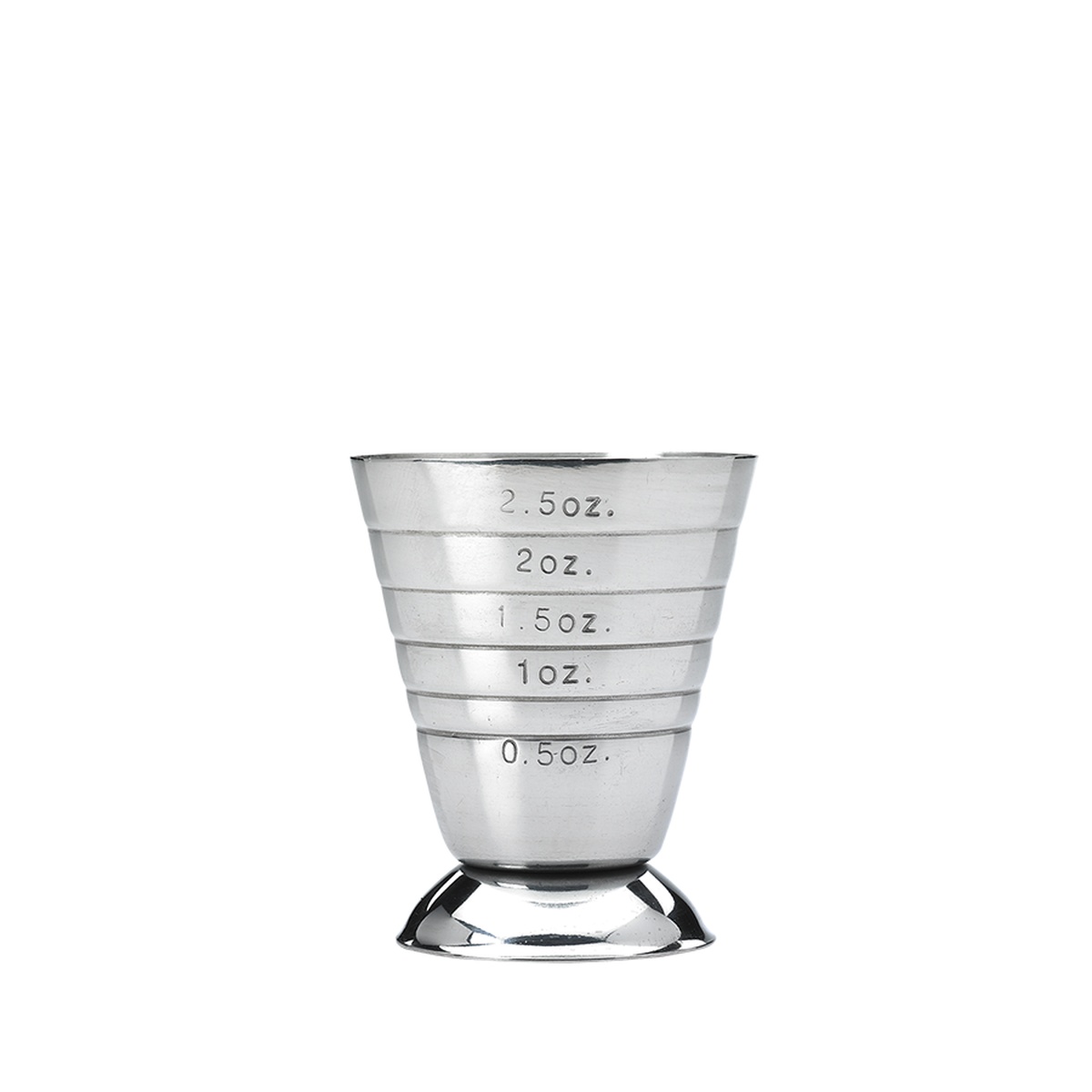 Barfly copper plated bar measuring cup showing embossed ounce markings from 0.5oz to 2.5oz with footed base