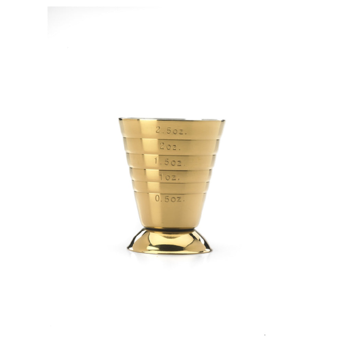 Mercer Culinary M37069GD gold-plated stainless steel bar measuring cup with scored internal markings and footed base