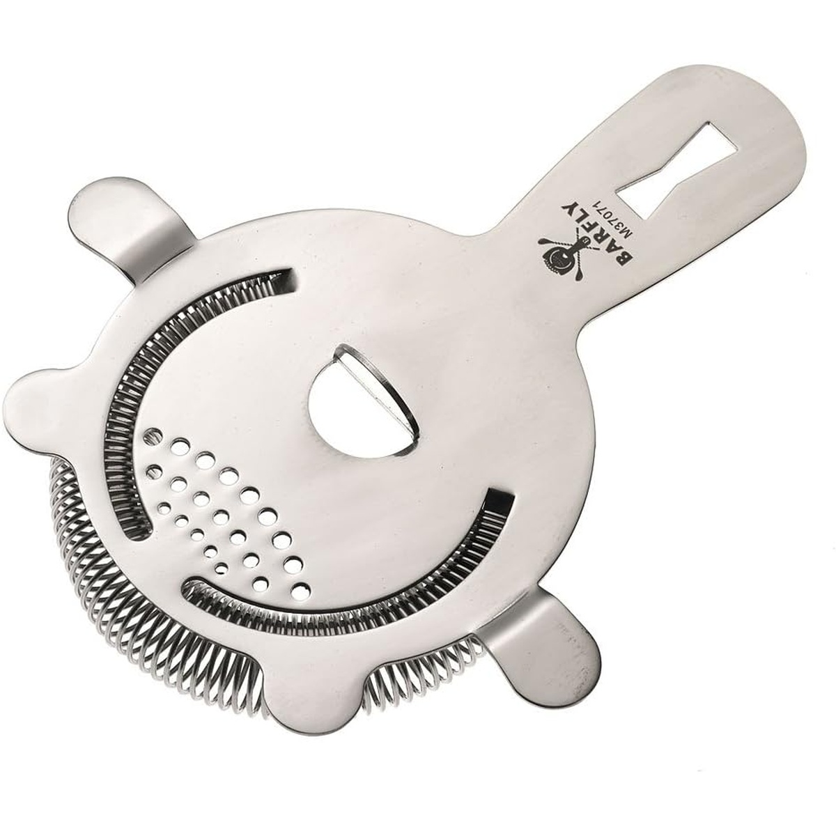 Angled overhead view of Barfly M37071 stainless steel 4-prong spring strainer showing full body and handle