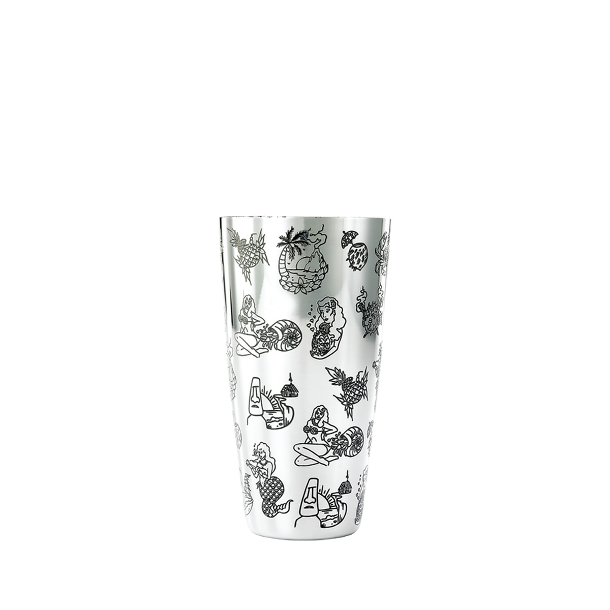 Barfly by Mercer Culinary 21 oz stainless steel double wall mixing tin with etched tiki-inspired designs on a white background