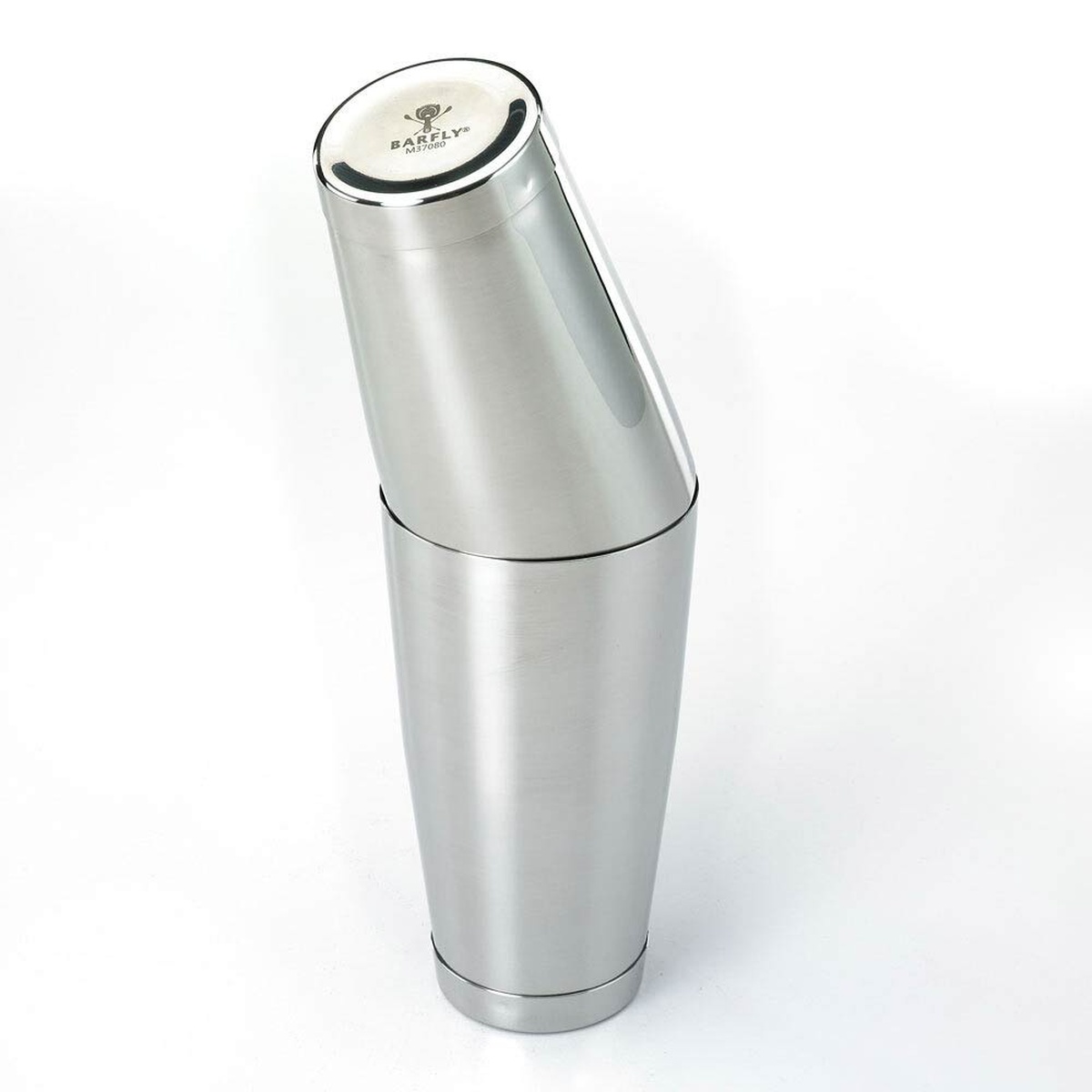 Barfly M37082 shaker tins nested together at an angle showing the combined Boston shaker profile