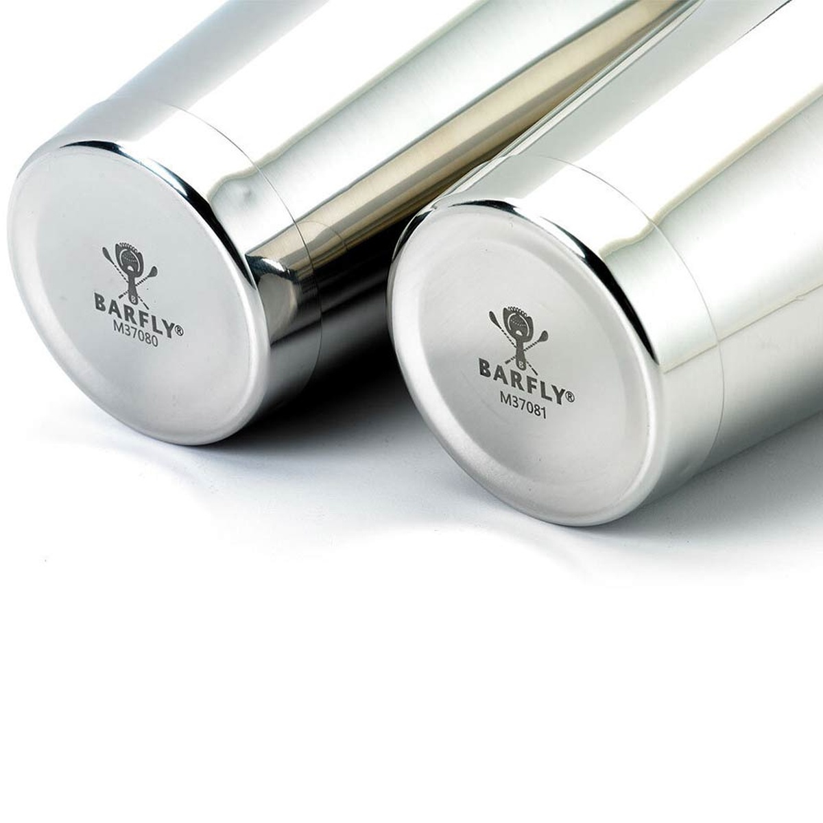 Close-up of the capped bottoms of the Barfly M37082 shaker tins showing Barfly branding and model numbers