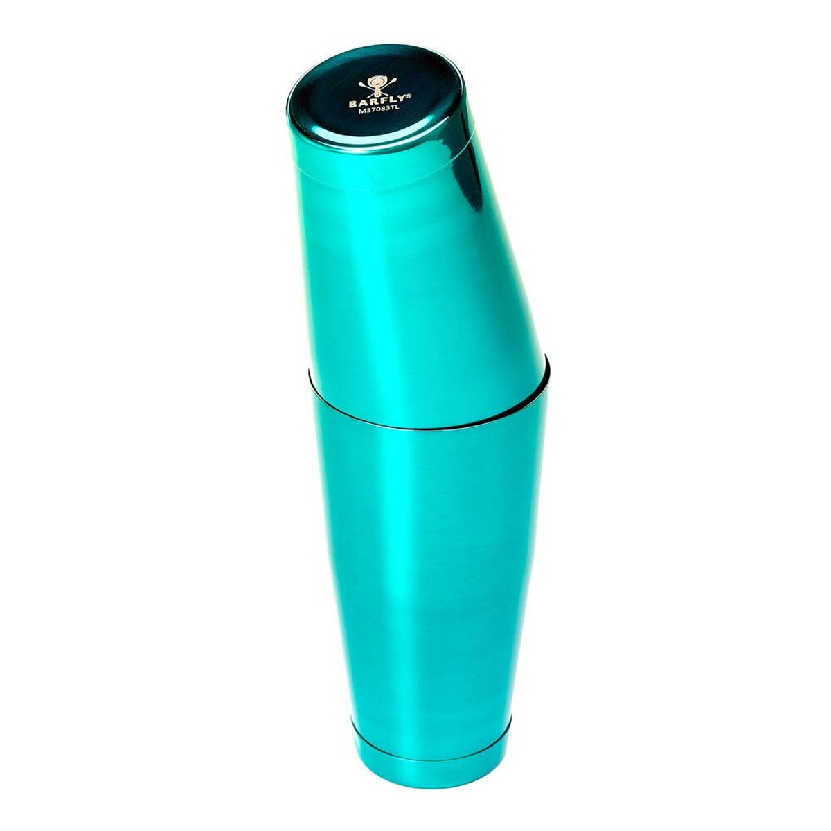 Barfly 18 oz and 28 oz shaker tins nested together showing capped bottoms and matching finish